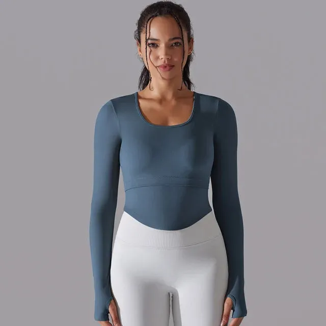Seamless Yoga Shirt Women - Gym Crew Neck Long Sleeve Fitness Top, Workout Clothes Sportswear, High Stretchy Running T-shirts