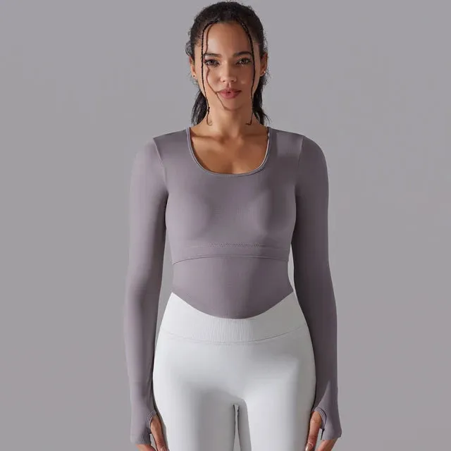 Seamless Yoga Shirt Women - Gym Crew Neck Long Sleeve Fitness Top, Workout Clothes Sportswear, High Stretchy Running T-shirts