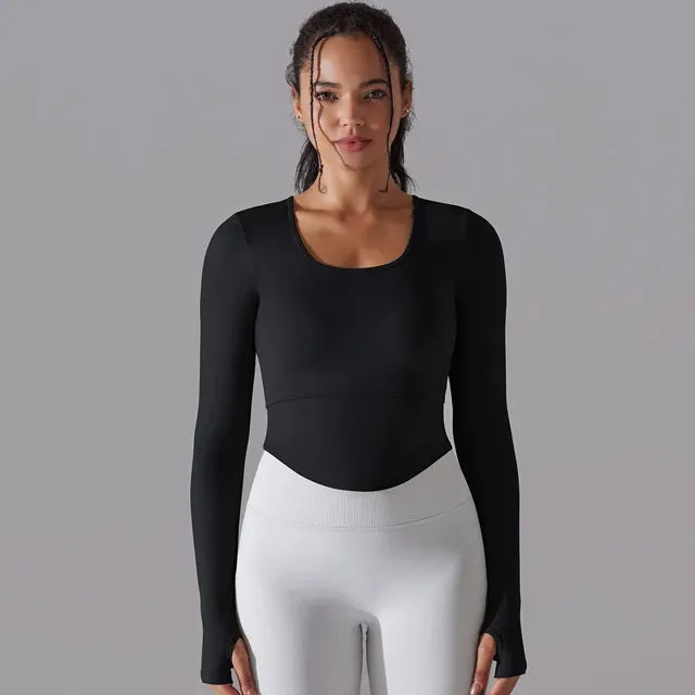 Seamless Yoga Shirt Women - Gym Crew Neck Long Sleeve Fitness Top, Workout Clothes Sportswear, High Stretchy Running T-shirts