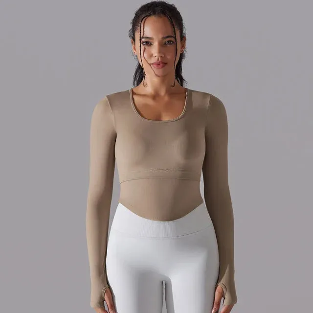 Seamless Yoga Shirt Women - Gym Crew Neck Long Sleeve Fitness Top, Workout Clothes Sportswear, High Stretchy Running T-shirts