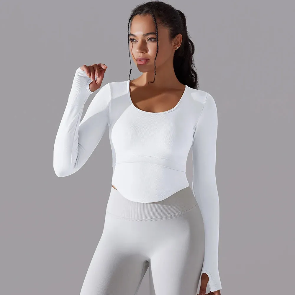 Seamless Yoga Shirt Women - Gym Crew Neck Long Sleeve Fitness Top, Workout Clothes Sportswear, High Stretchy Running T-shirts