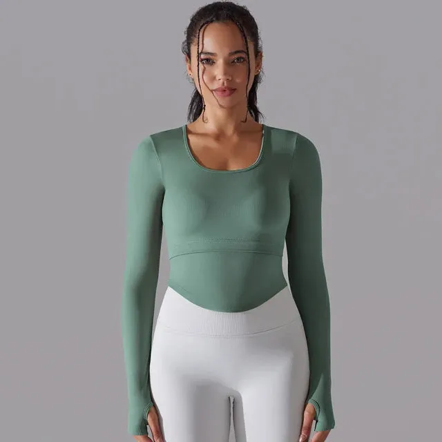 Seamless Yoga Shirt Women - Gym Crew Neck Long Sleeve Fitness Top, Workout Clothes Sportswear, High Stretchy Running T-shirts