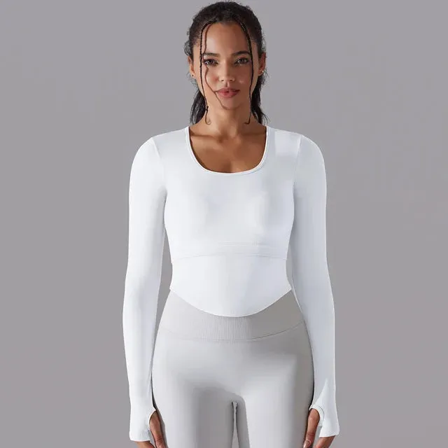 Seamless Yoga Shirt Women - Gym Crew Neck Long Sleeve Fitness Top, Workout Clothes Sportswear, High Stretchy Running T-shirts