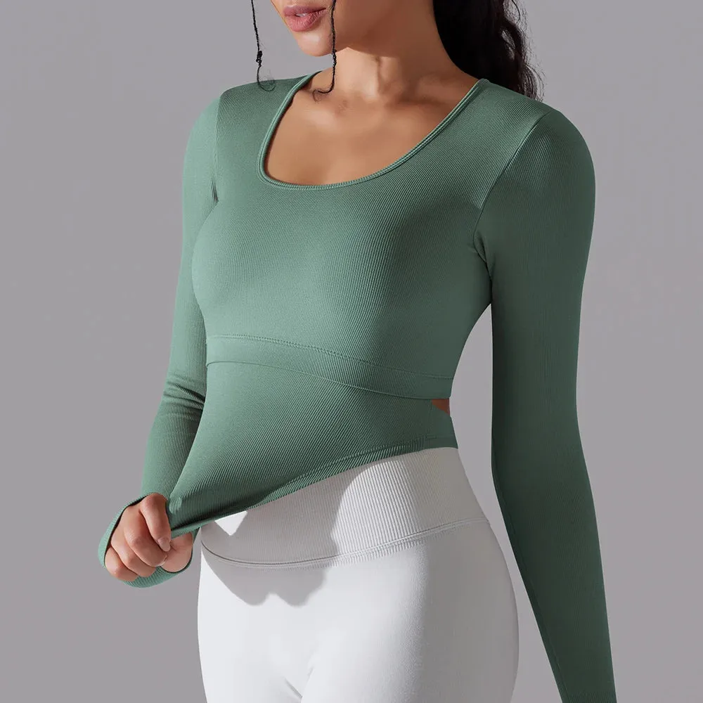 Seamless Yoga Shirt Women - Gym Crew Neck Long Sleeve Fitness Top, Workout Clothes Sportswear, High Stretchy Running T-shirts