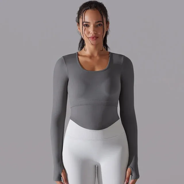 Seamless Yoga Shirt Women - Gym Crew Neck Long Sleeve Fitness Top, Workout Clothes Sportswear, High Stretchy Running T-shirts