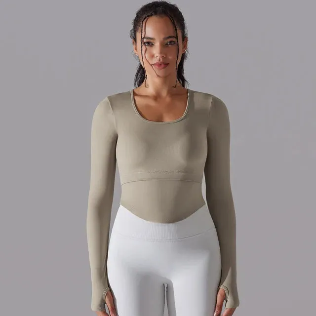 Seamless Yoga Shirt Women - Gym Crew Neck Long Sleeve Fitness Top, Workout Clothes Sportswear, High Stretchy Running T-shirts