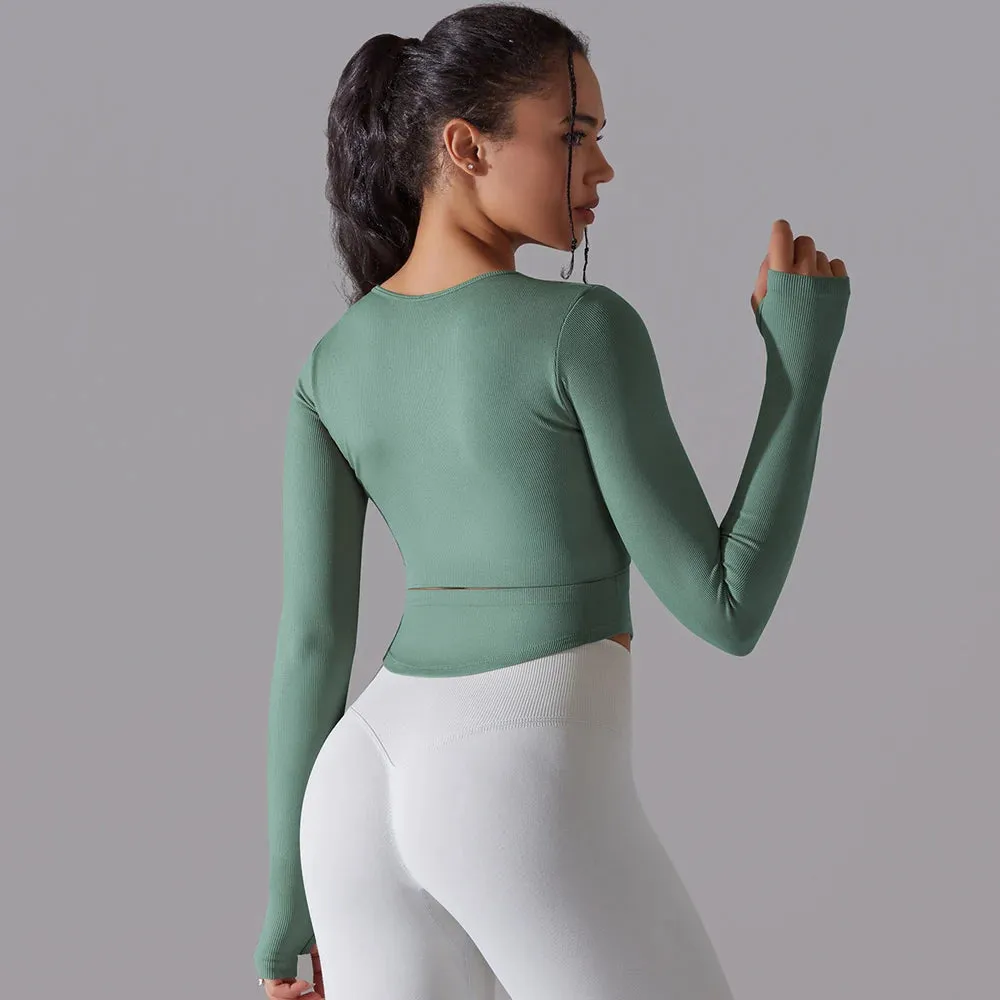 Seamless Yoga Shirt Women - Gym Crew Neck Long Sleeve Fitness Top, Workout Clothes Sportswear, High Stretchy Running T-shirts