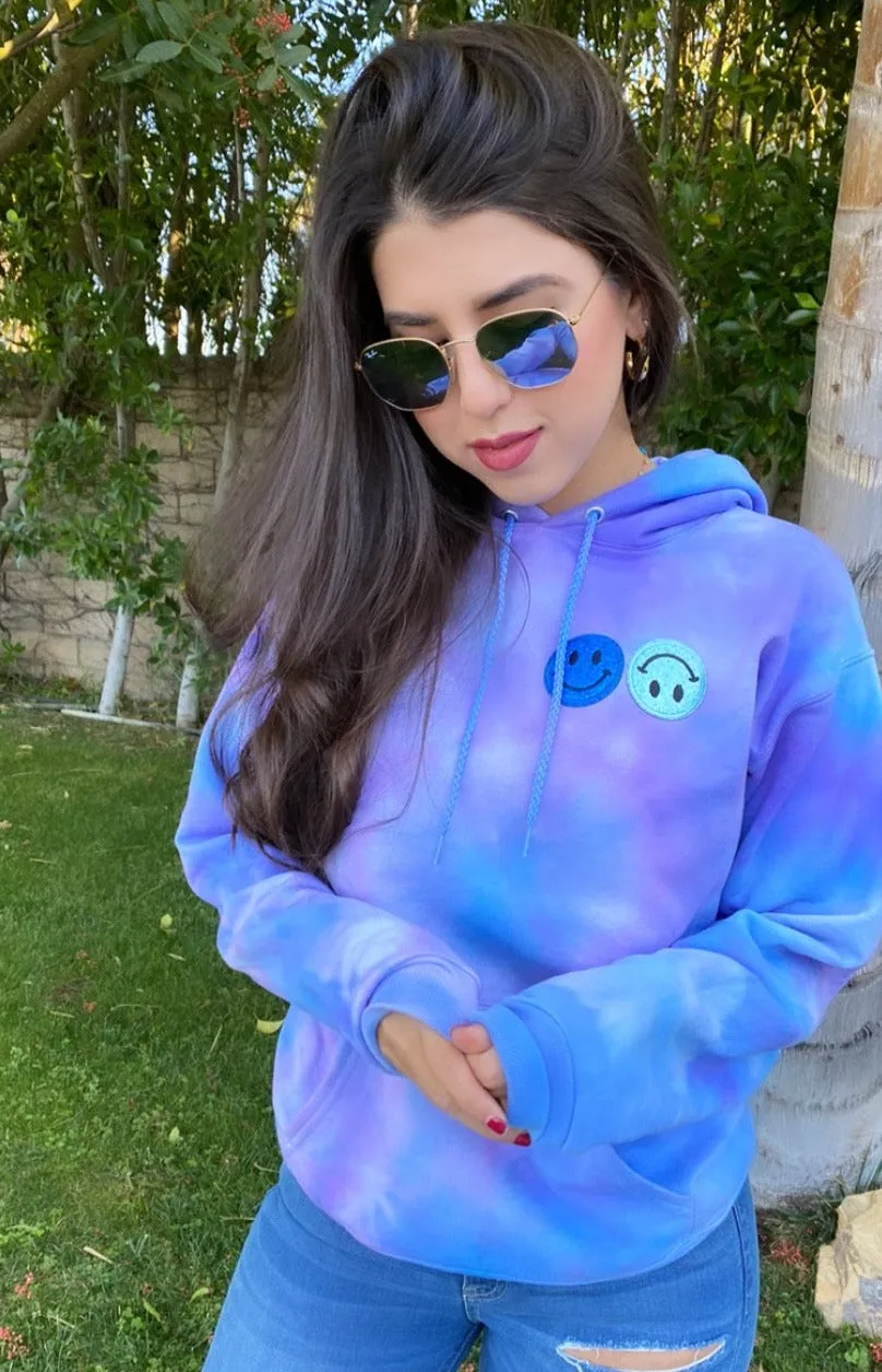 Sky Blue Smiley Patch Tie Dye Hoodie