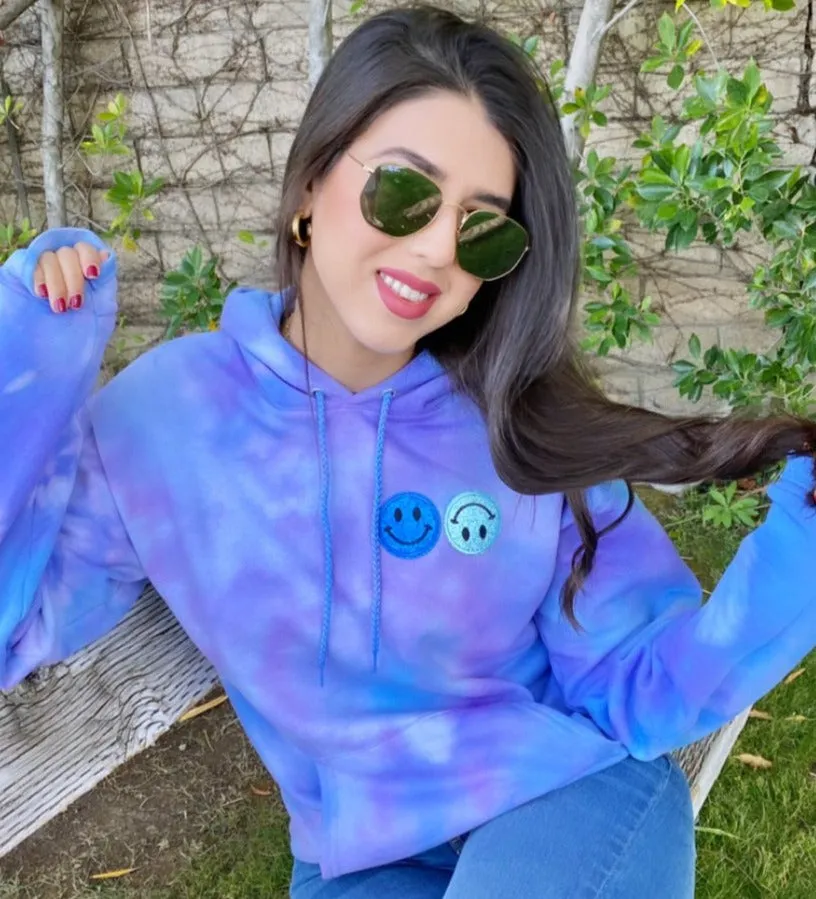 Sky Blue Smiley Patch Tie Dye Hoodie