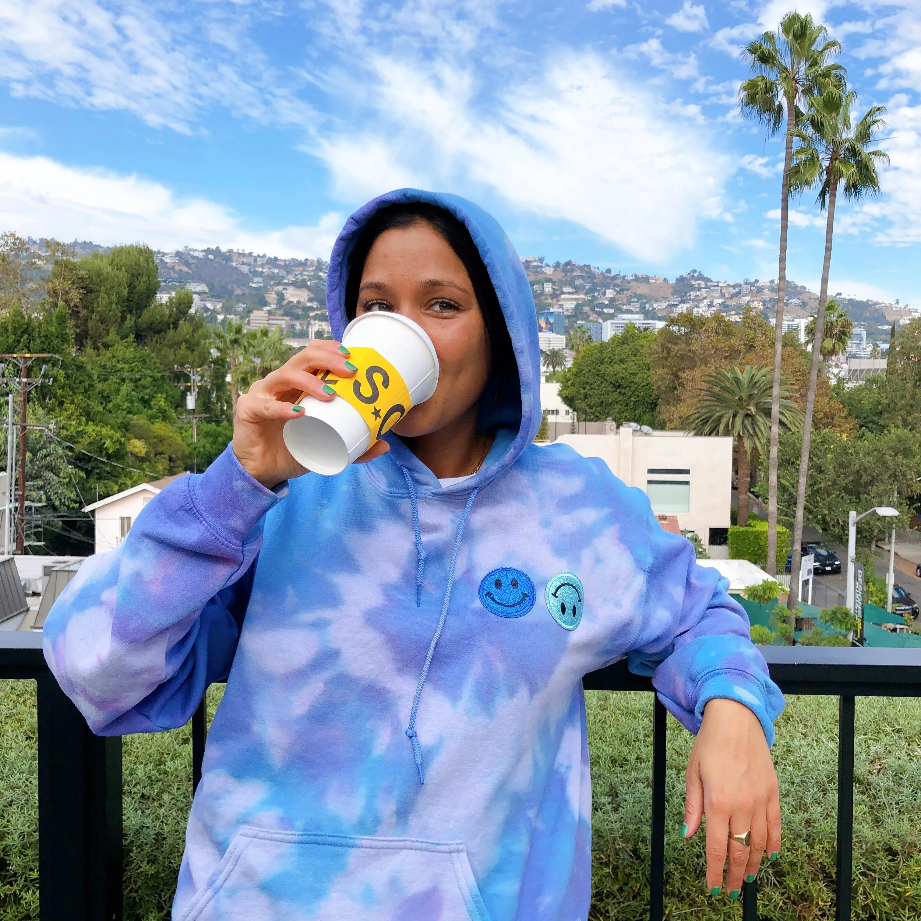 Sky Blue Smiley Patch Tie Dye Hoodie