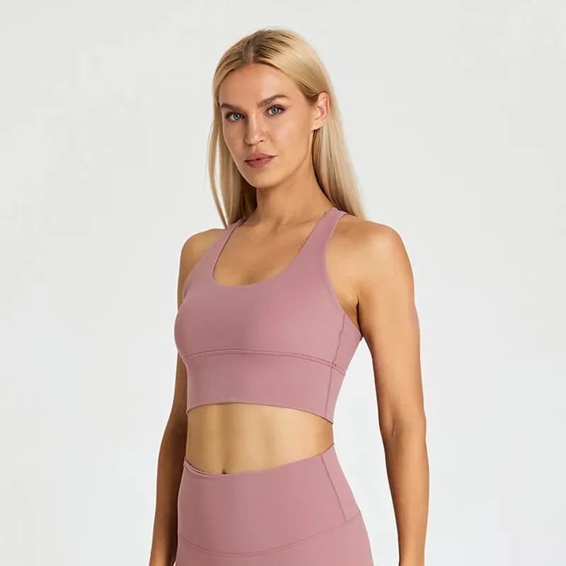 Soft Nylon Fitness Crop Top for Women - Padded Back Strappy Running Yoga Tank Top