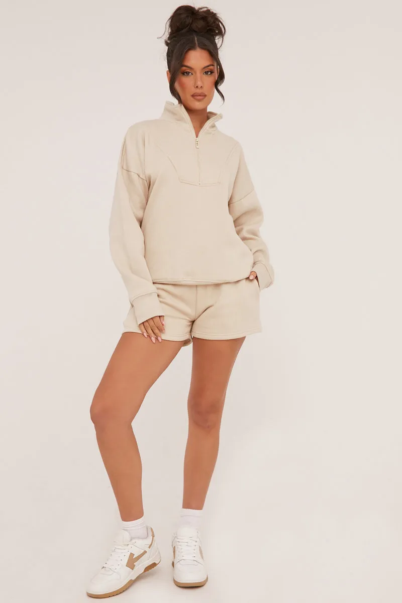 Stone Oversized Zip Front Sweatshirt & Mini Shorts Co-ord Set - Adriana