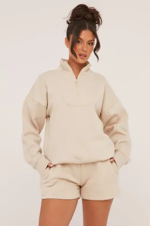 Stone Oversized Zip Front Sweatshirt & Mini Shorts Co-ord Set - Adriana