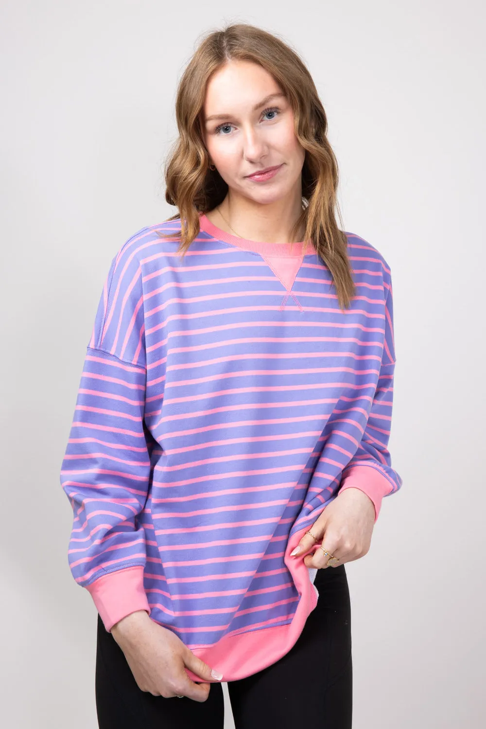 Striped Relaxed French Terry Sweatshirt for Women in Purple/Pink | IT2880S-03-PURPLEPINK