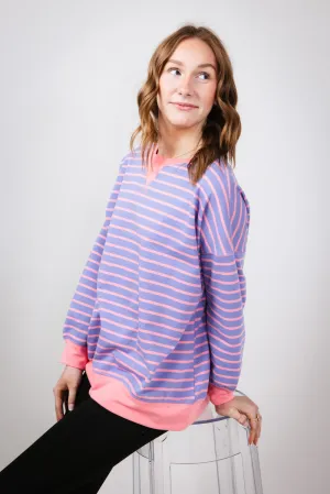 Striped Relaxed French Terry Sweatshirt for Women in Purple/Pink | IT2880S-03-PURPLEPINK