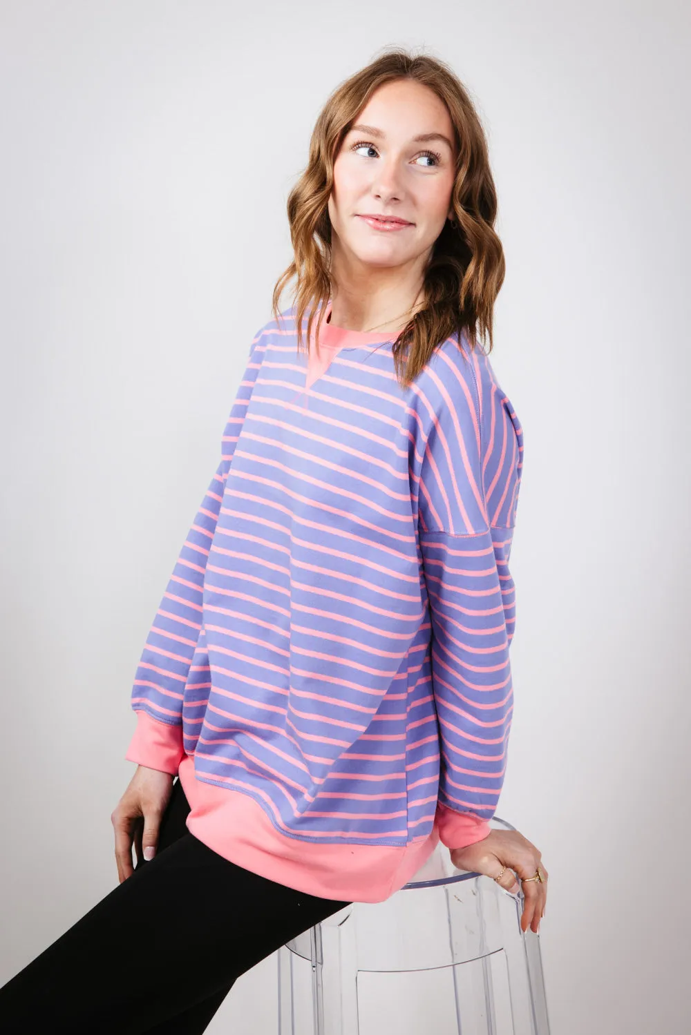 Striped Relaxed French Terry Sweatshirt for Women in Purple/Pink | IT2880S-03-PURPLEPINK