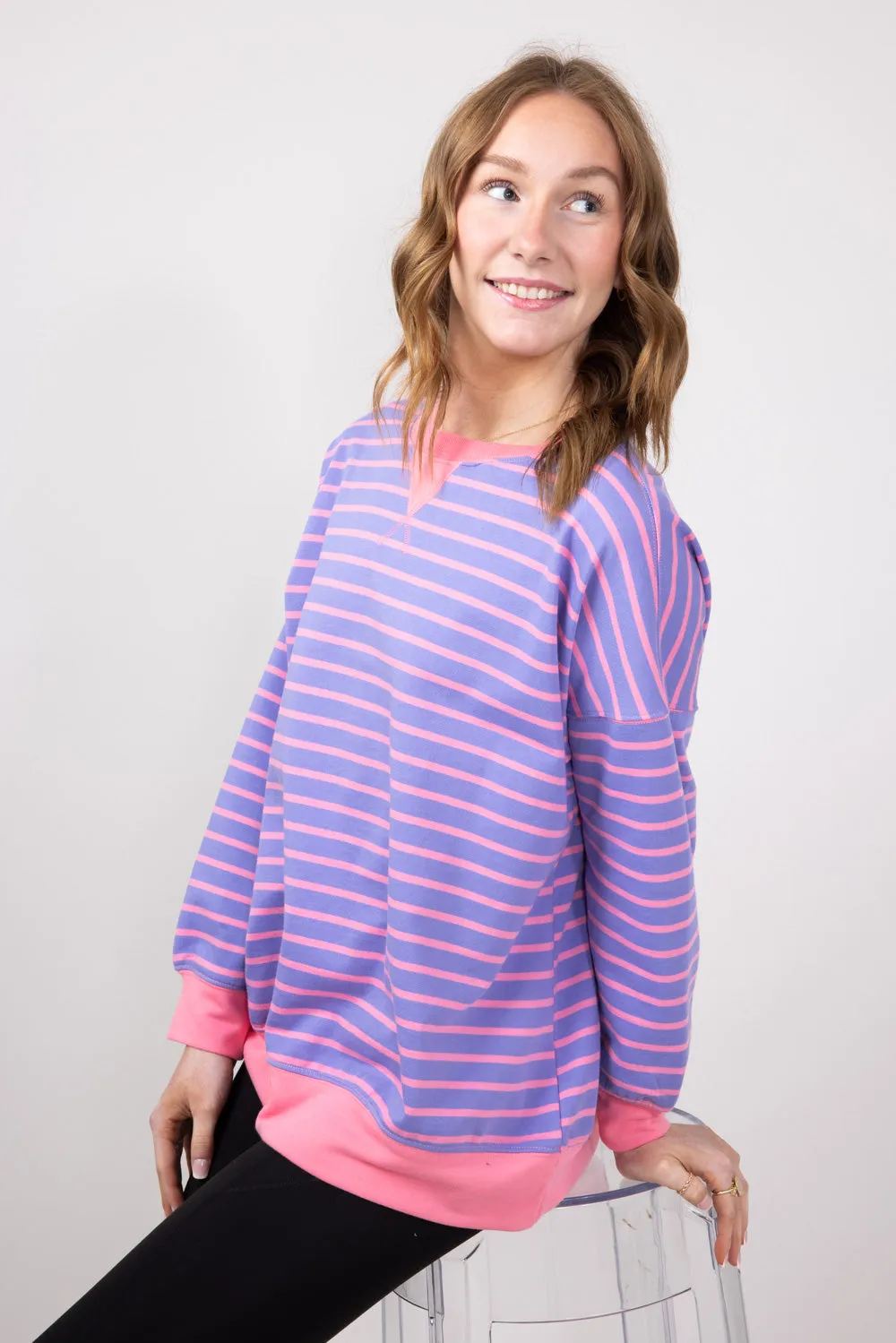 Striped Relaxed French Terry Sweatshirt for Women in Purple/Pink | IT2880S-03-PURPLEPINK