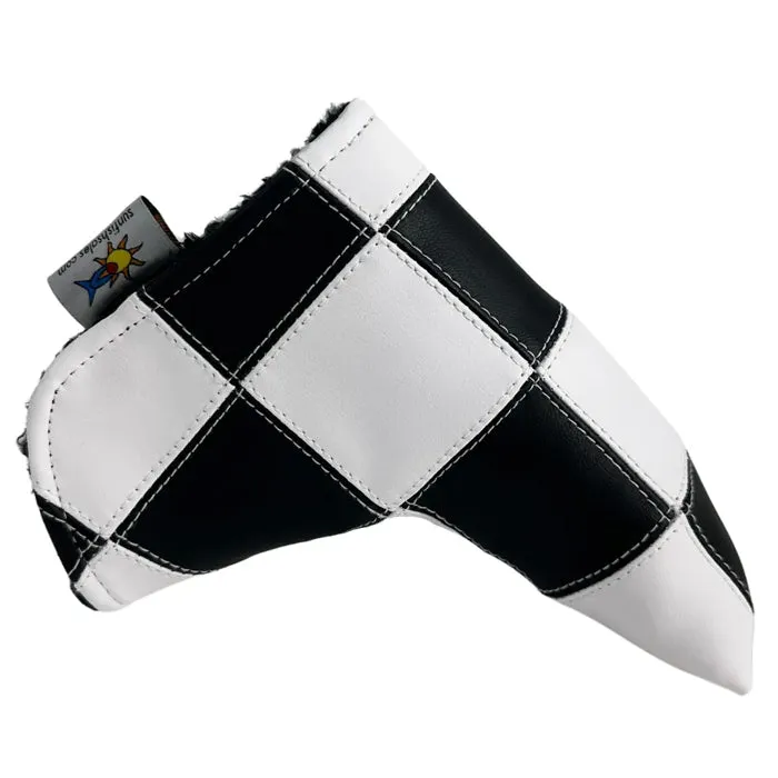 Sunfish Black and White Checkered Stitched Blade Putter Cover With Magnetic Closure