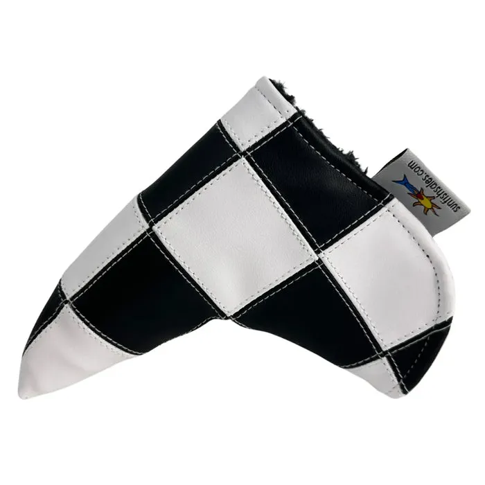 Sunfish Black and White Checkered Stitched Blade Putter Cover With Magnetic Closure