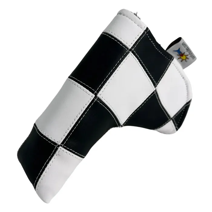 Sunfish Black and White Checkered Stitched Blade Putter Cover With Magnetic Closure