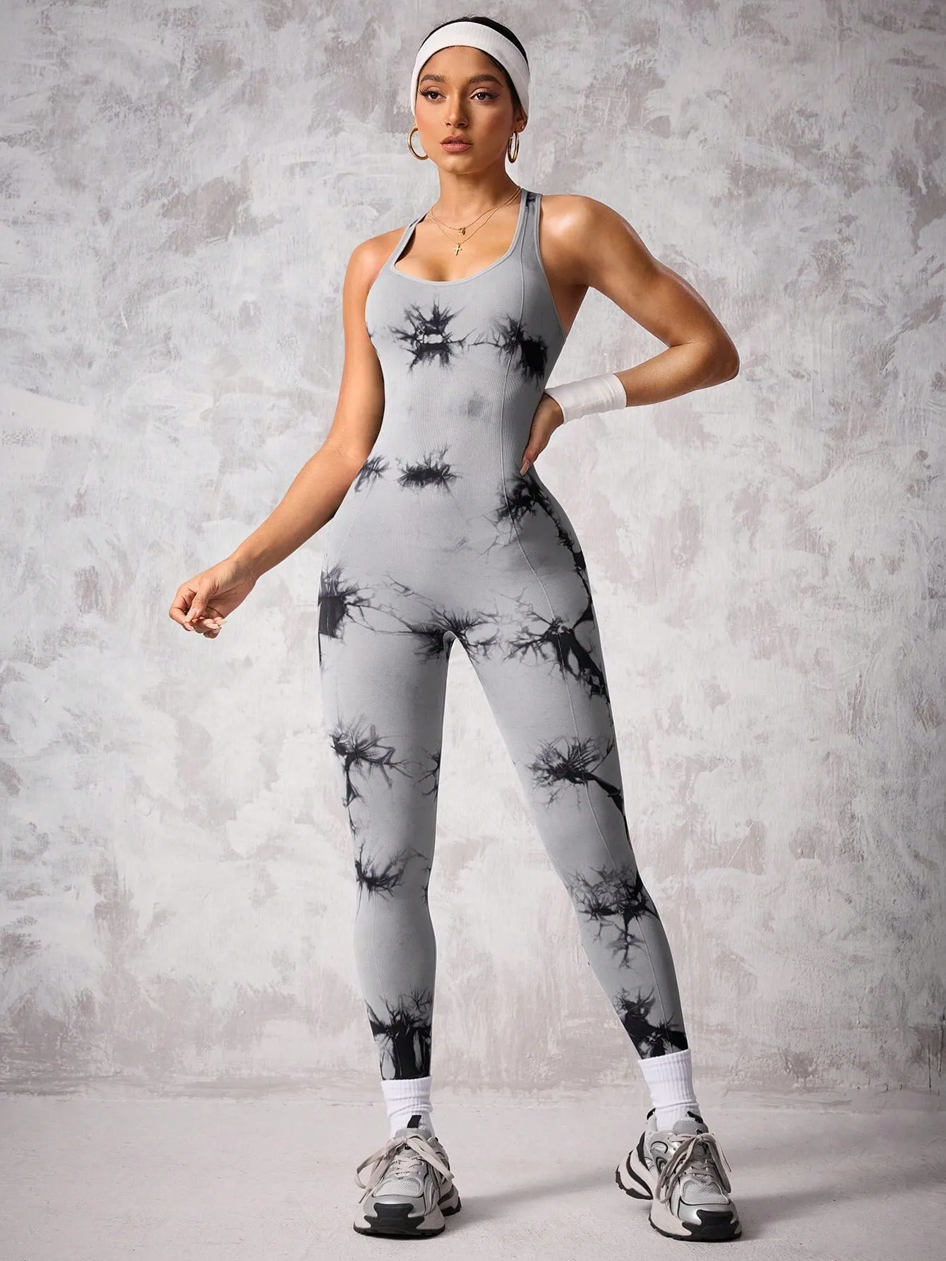 Tie-Dye Cross Back Sports Jumpsuit – Stylish & Stretchy Activewear