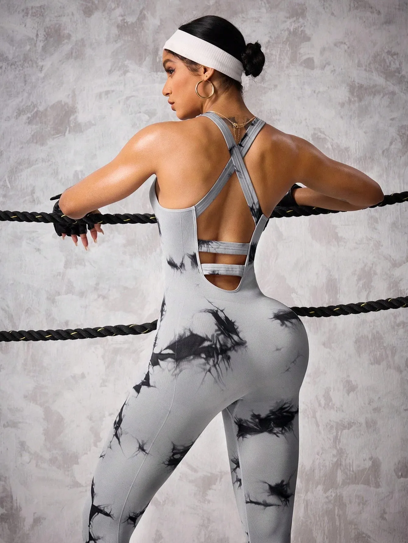 Tie-Dye Cross Back Sports Jumpsuit – Stylish & Stretchy Activewear