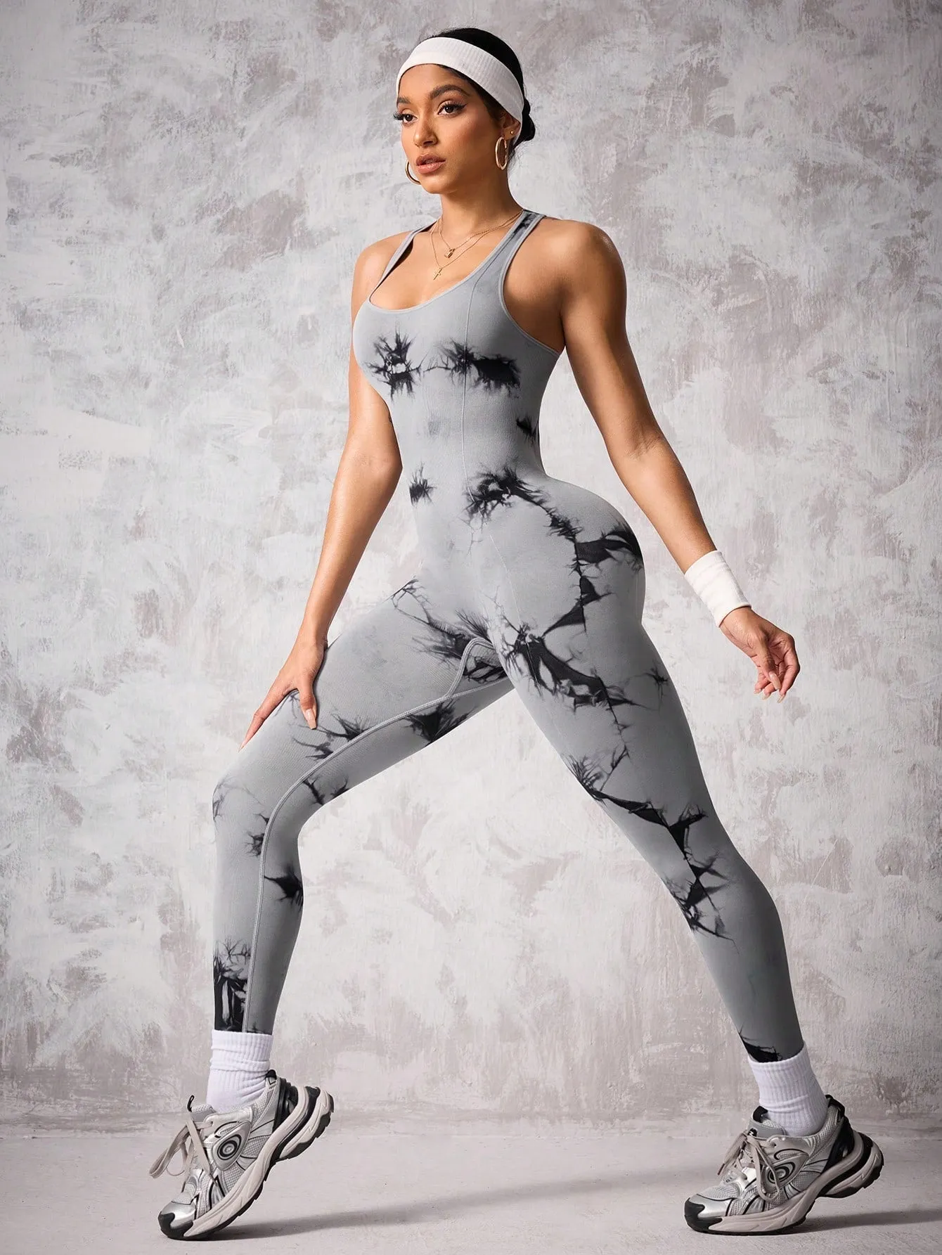 Tie-Dye Cross Back Sports Jumpsuit – Stylish & Stretchy Activewear