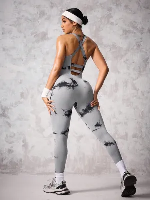 Tie-Dye Cross Back Sports Jumpsuit – Stylish & Stretchy Activewear