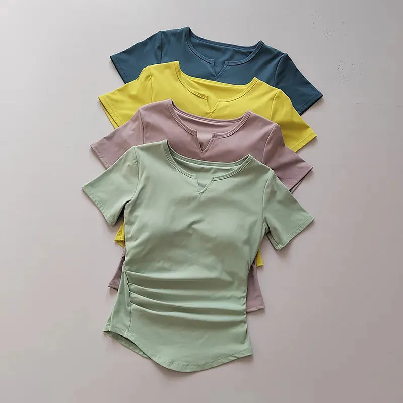V-Neck Tie Yoga Suit Short Sleeve - Women's Gym Summer Training Fitness Top