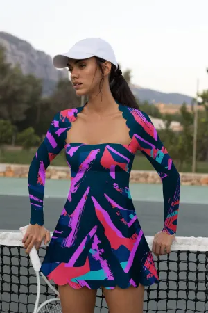 Velocity Strike Long-Sleeve Court Dress – Neon Brushstroke Activewear