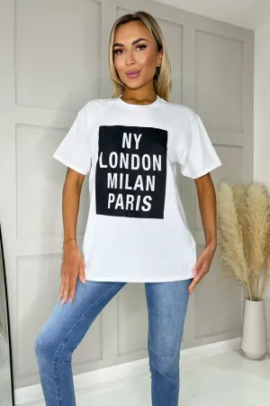 White NY London Milan Paris Slogan T-Shirt