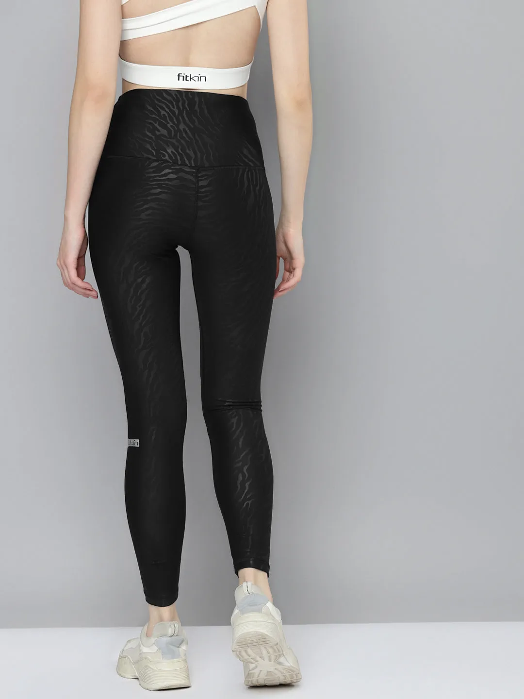 Women Black & Charcoal Grey Tiger Print Rapid Dry Training Tight