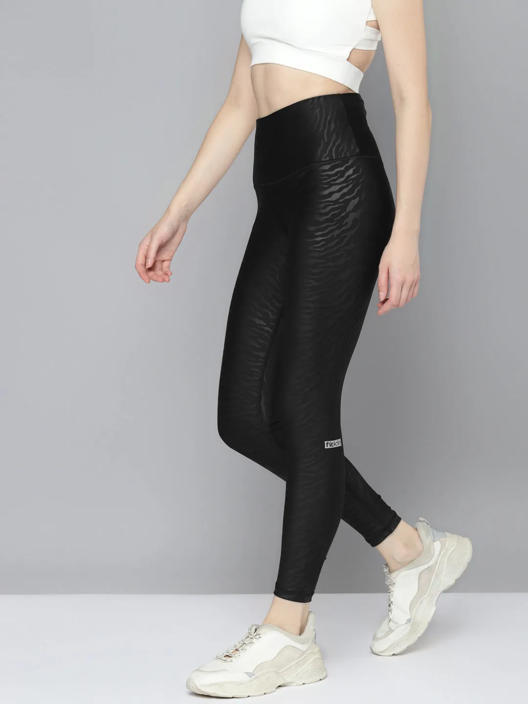 Women Black & Charcoal Grey Tiger Print Rapid Dry Training Tight