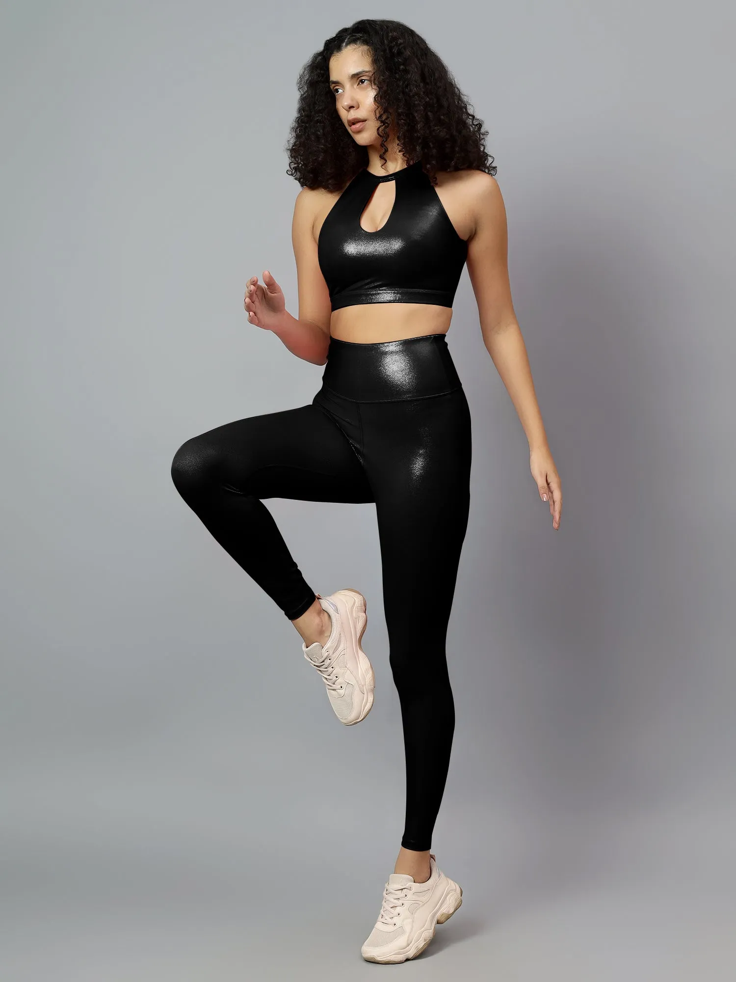 Women Black Shine on High rise Full Length Tights