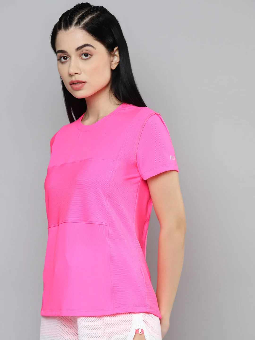 Women Pink Self-striped Short Sleeves T-shirt