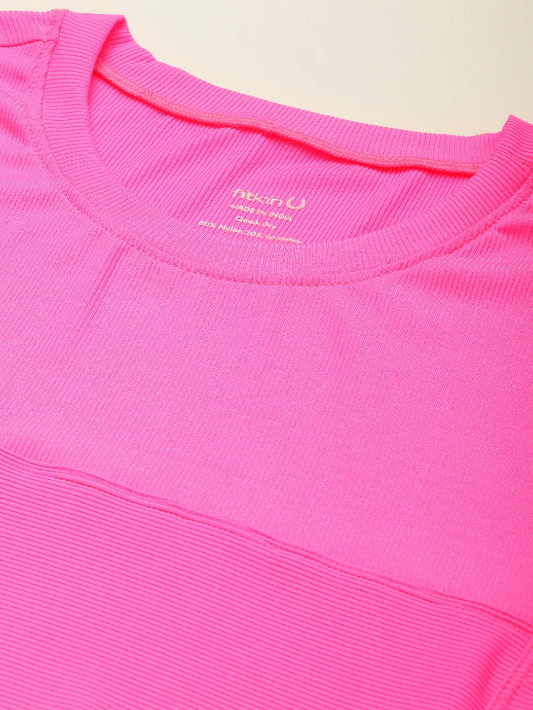 Women Pink Self-striped Short Sleeves T-shirt