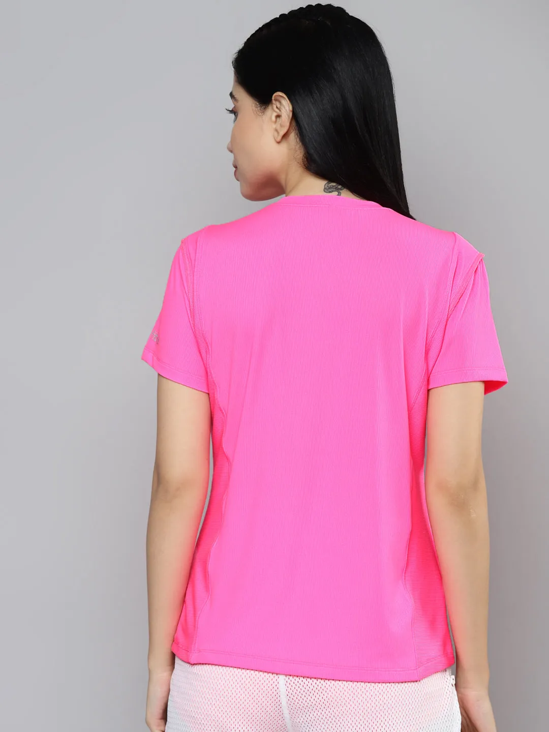 Women Pink Self-striped Short Sleeves T-shirt