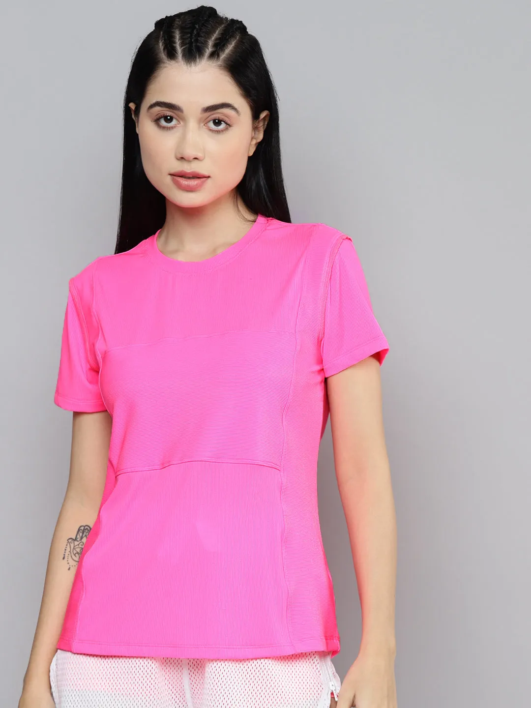 Women Pink Self-striped Short Sleeves T-shirt
