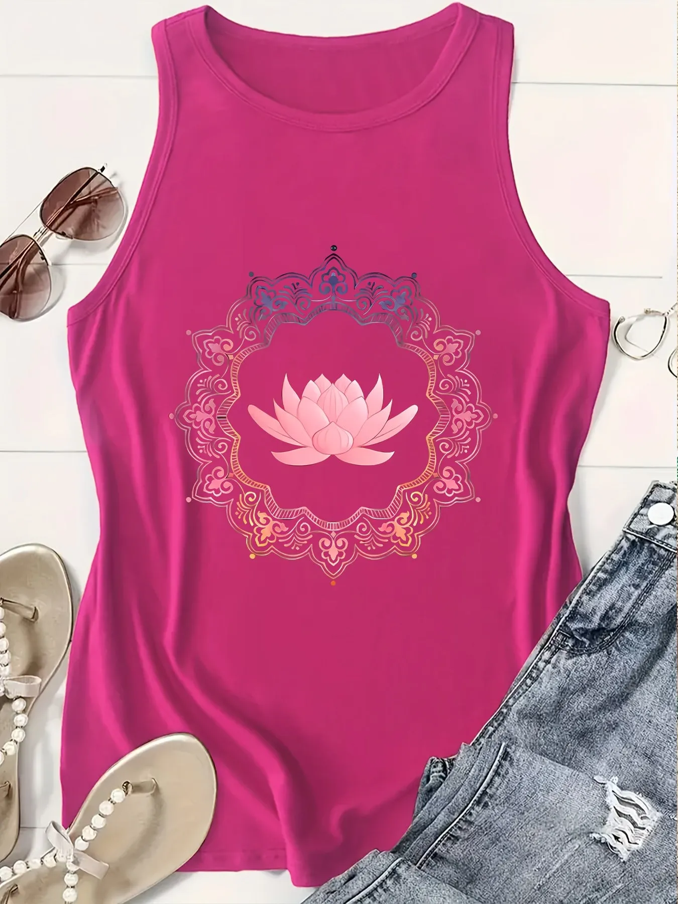 Women's Breathable Activewear Tank Top – Lotus Print Racerback Sports Vest