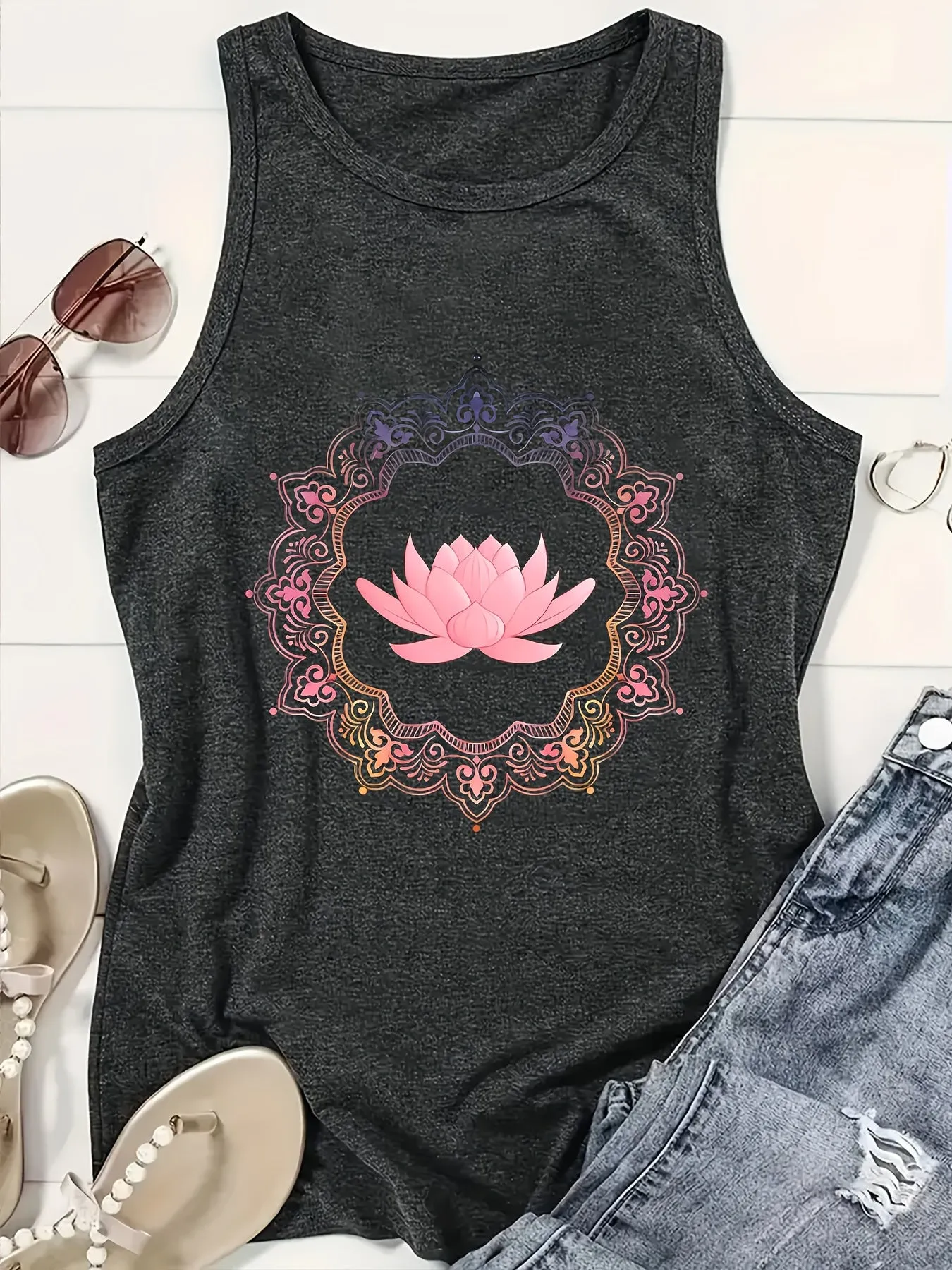 Women's Breathable Activewear Tank Top – Lotus Print Racerback Sports Vest