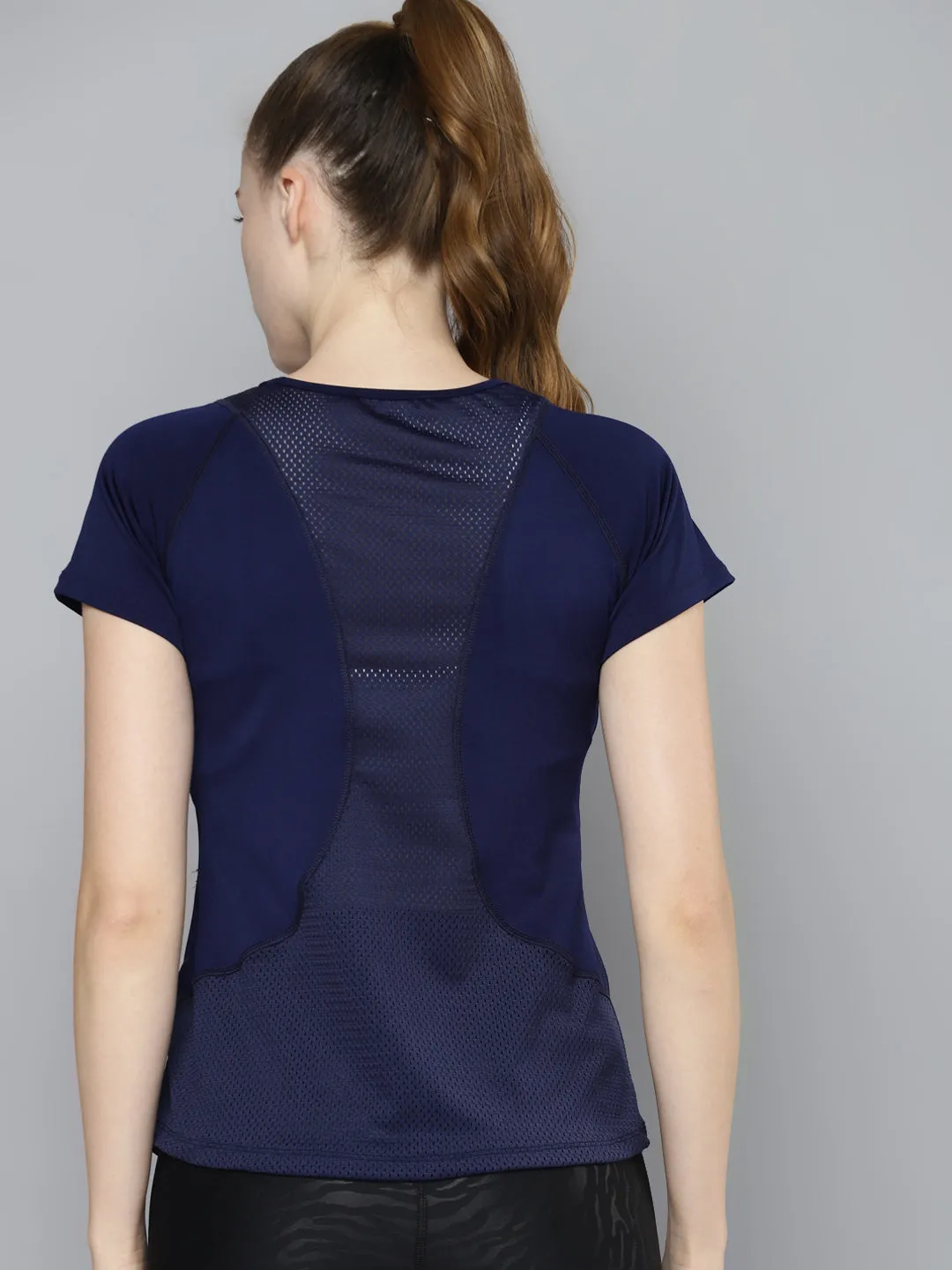 Women's Navy Blue Solid Mesh Inserts Training T-shirt