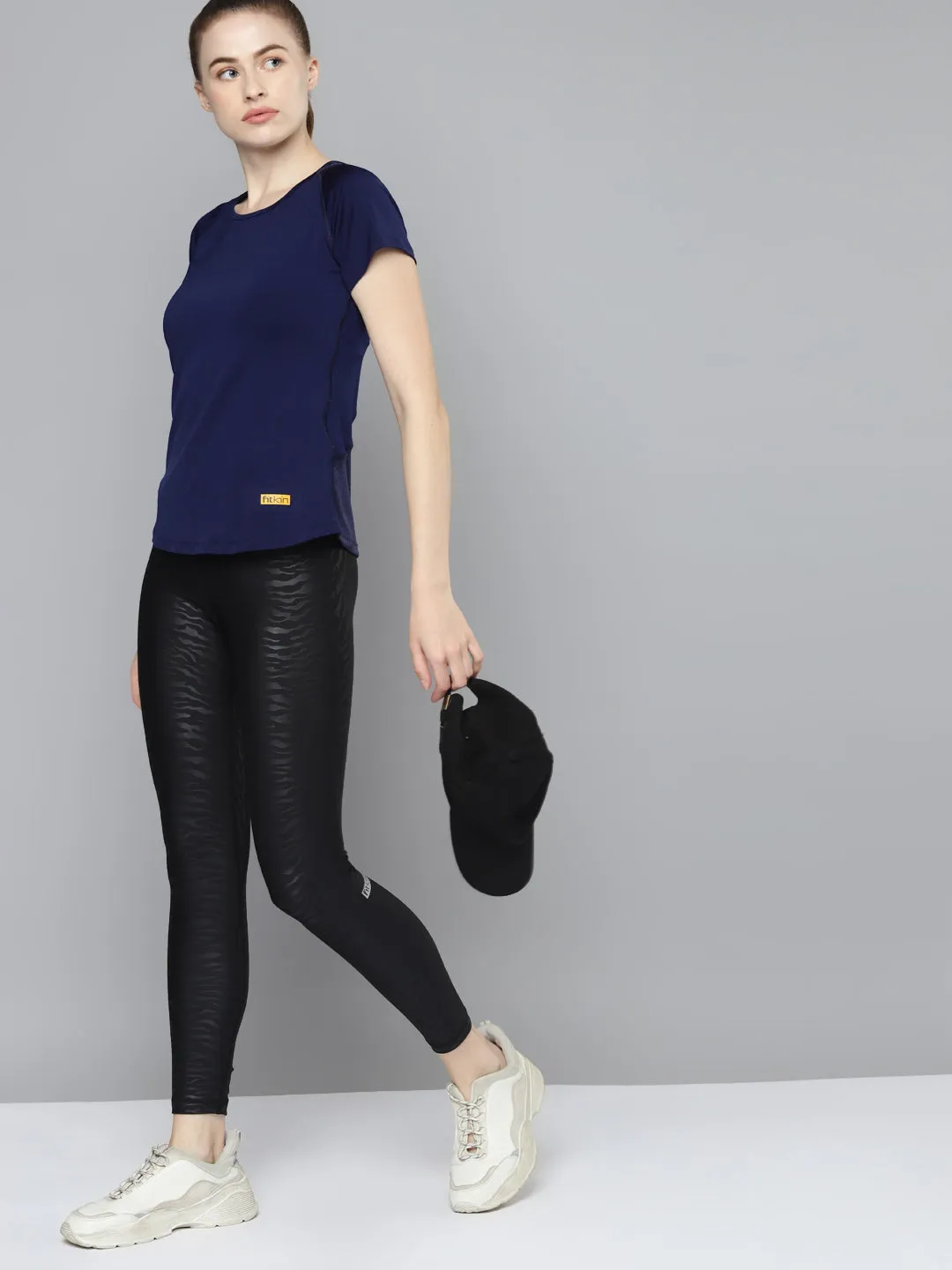Women's Navy Blue Solid Mesh Inserts Training T-shirt