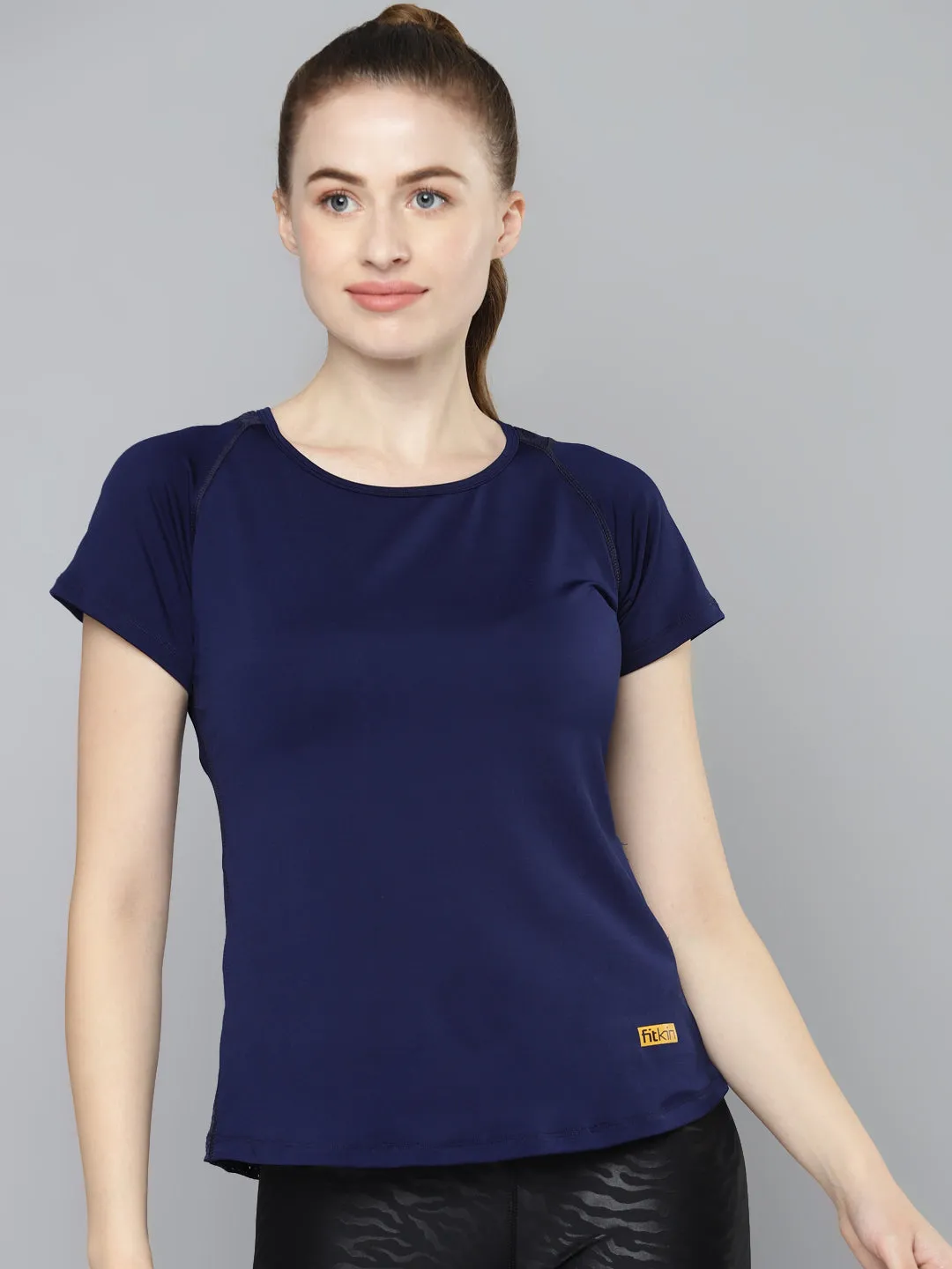 Women's Navy Blue Solid Mesh Inserts Training T-shirt