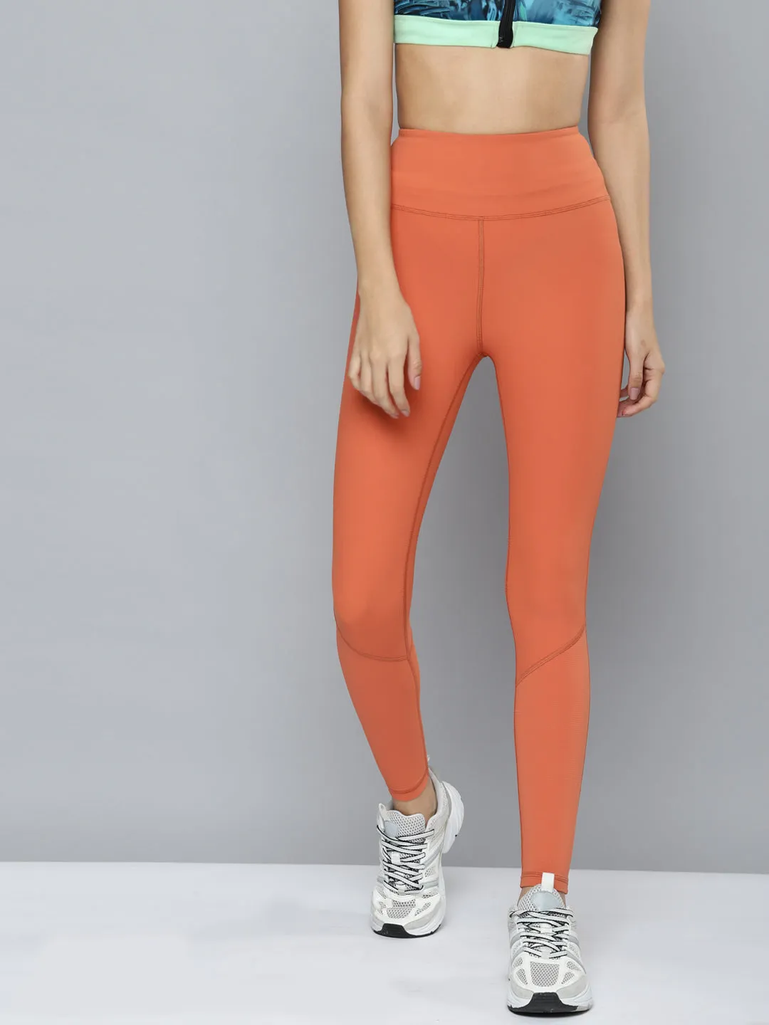 Women's Orange Ribbed High Waist Training Tights