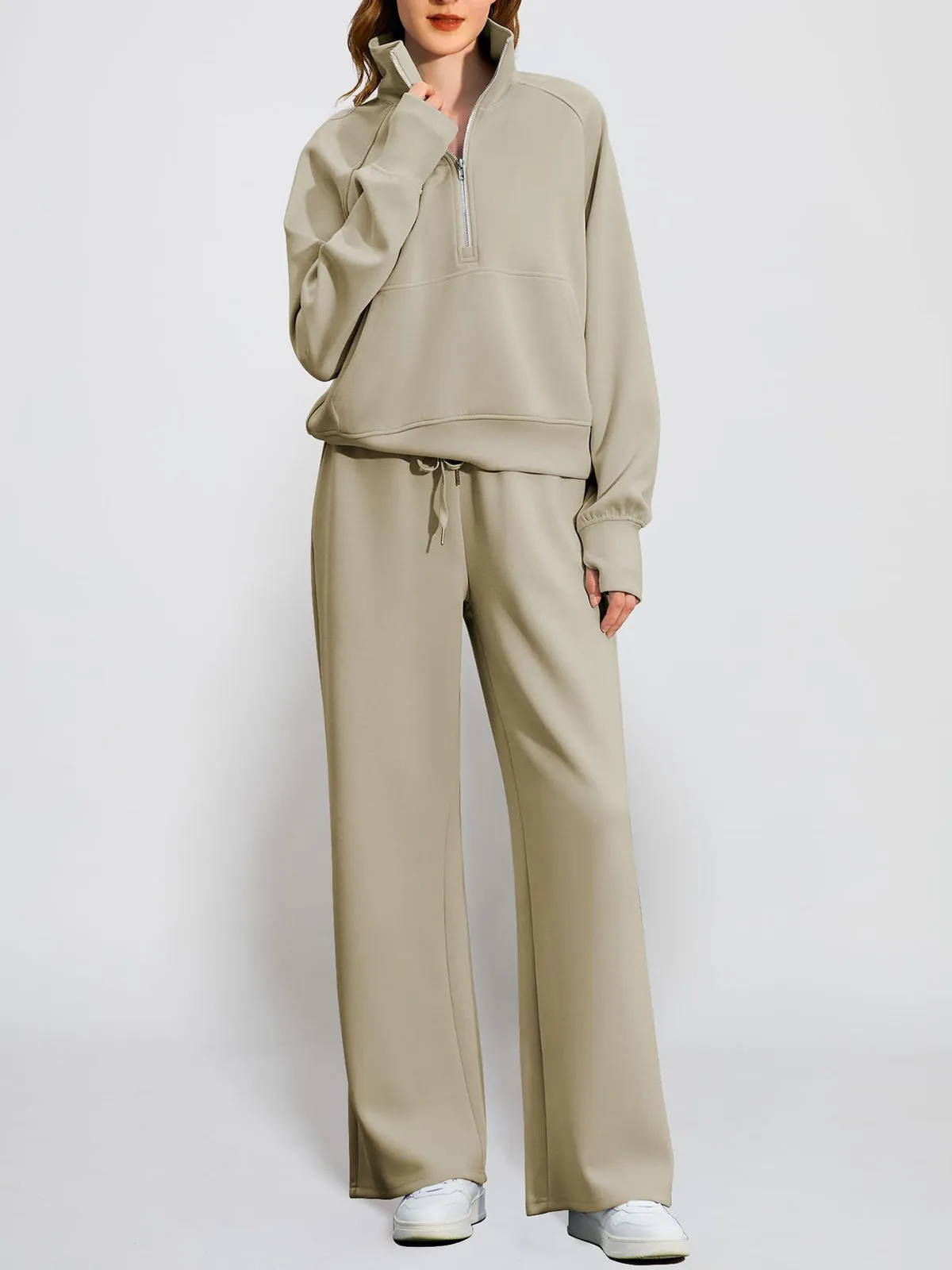 Women's Oversized Half Zip Wide Leg 2 Piece Outfits Lounge Set