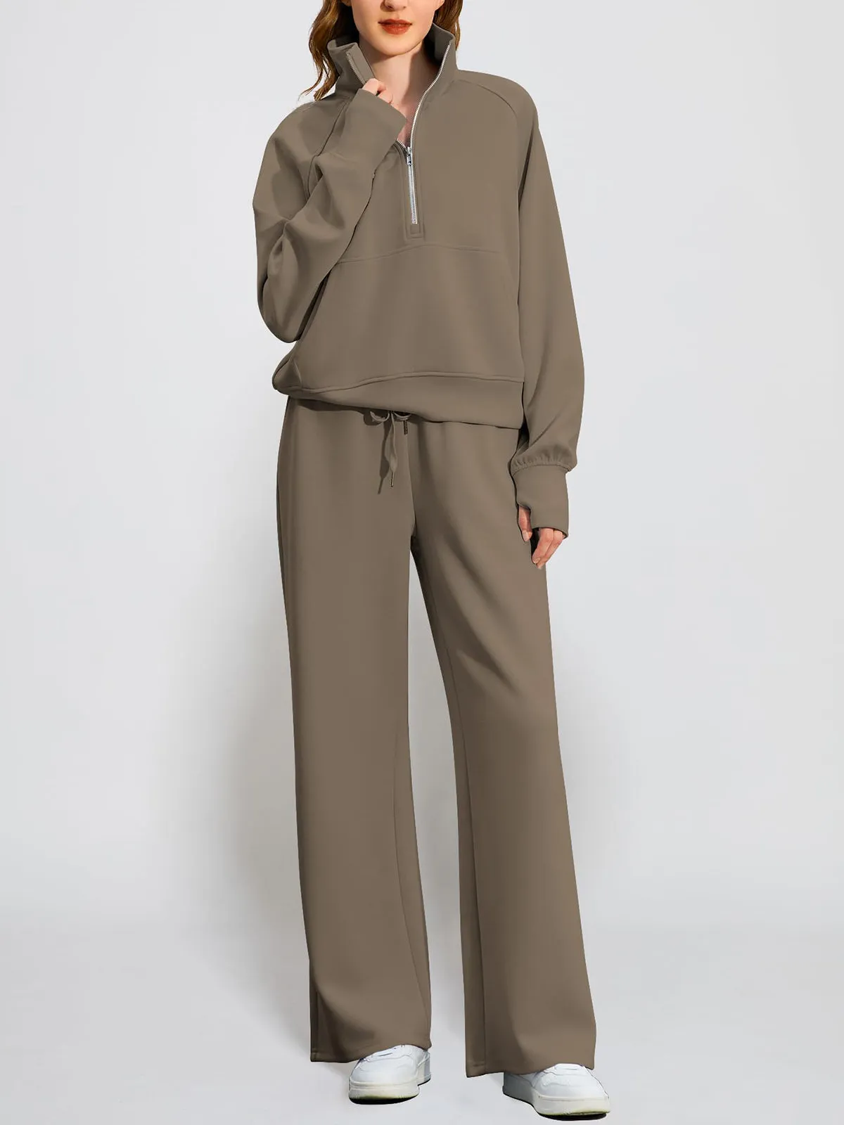 Women's Oversized Half Zip Wide Leg 2 Piece Outfits Lounge Set