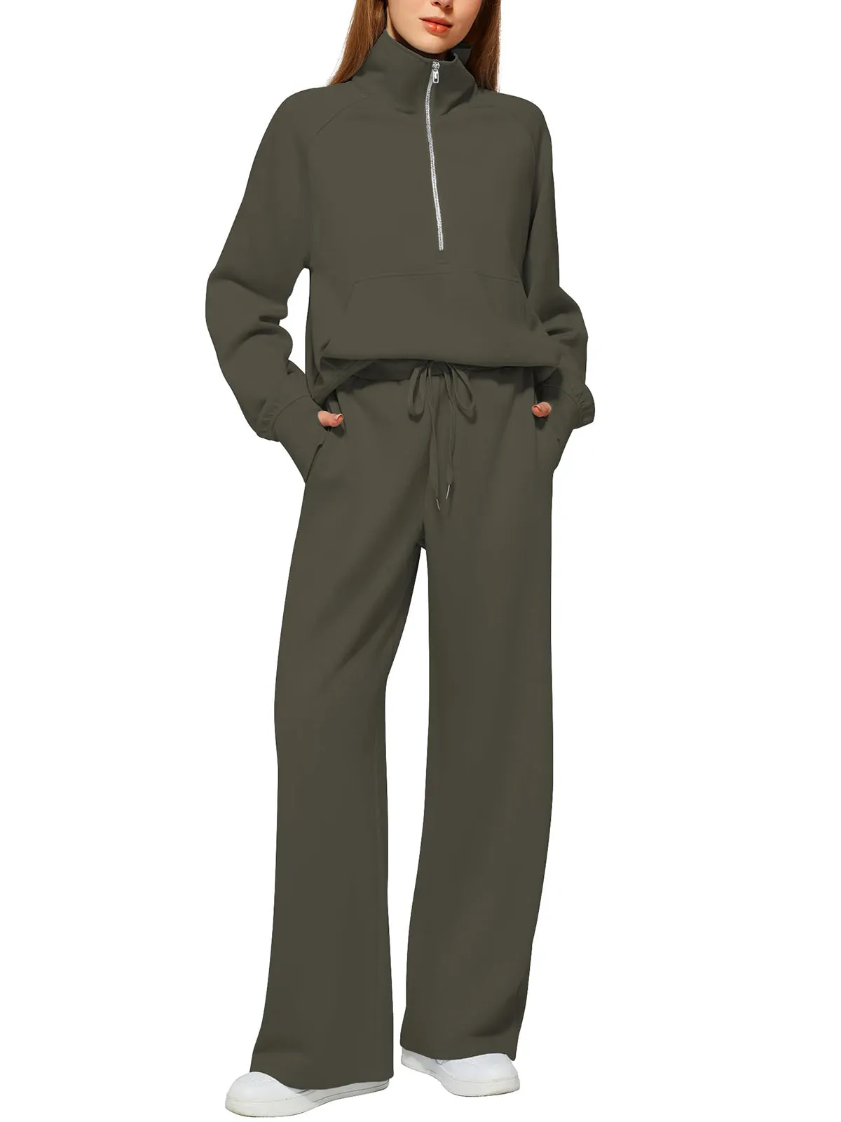 Women's Oversized Half Zip Wide Leg 2 Piece Outfits Lounge Set