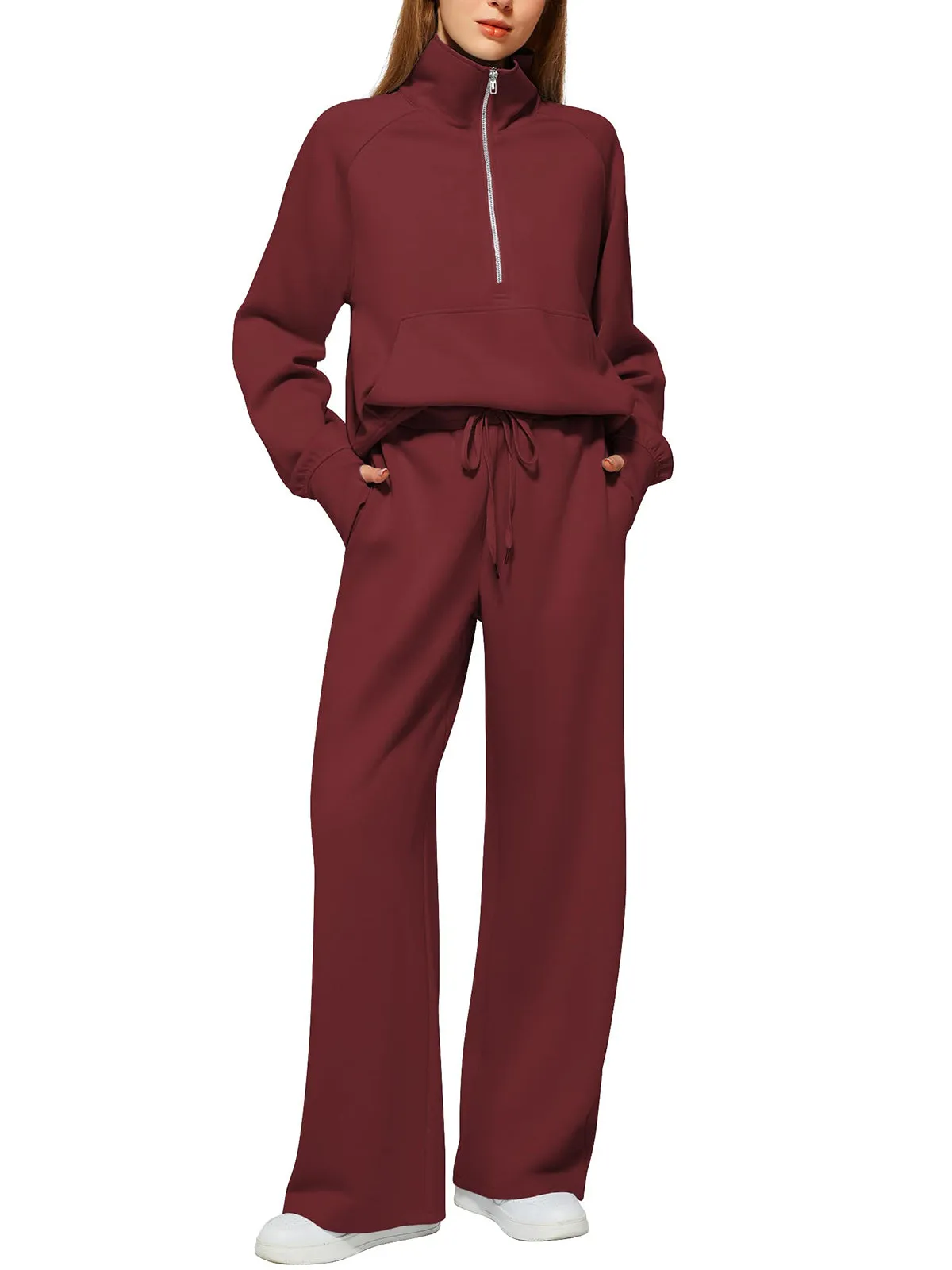 Women's Oversized Half Zip Wide Leg 2 Piece Outfits Lounge Set