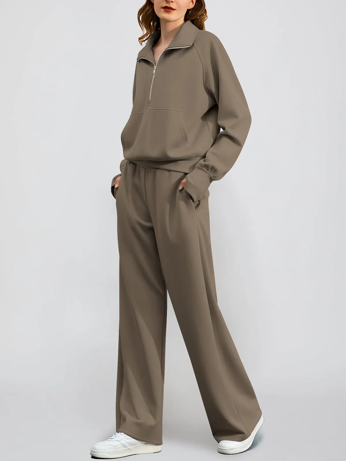 Women's Oversized Half Zip Wide Leg 2 Piece Outfits Lounge Set