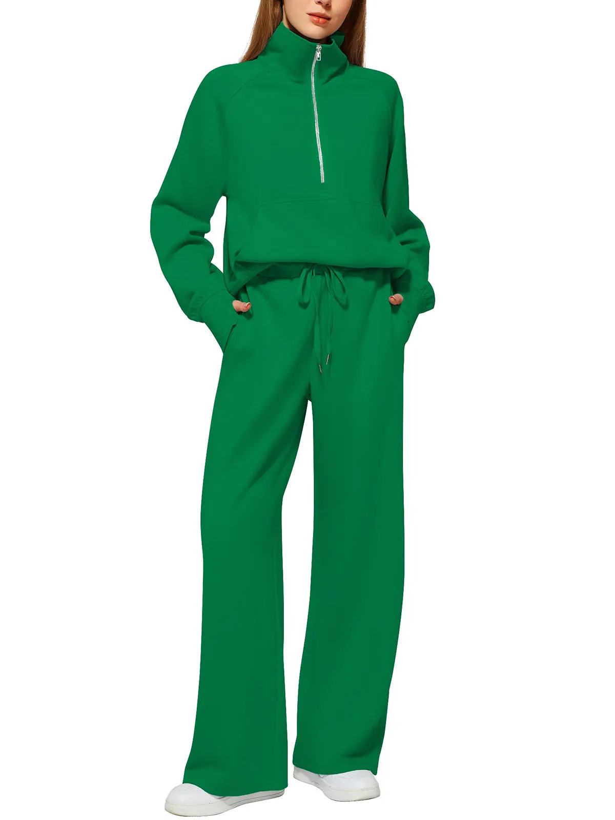 Women's Oversized Half Zip Wide Leg 2 Piece Outfits Lounge Set